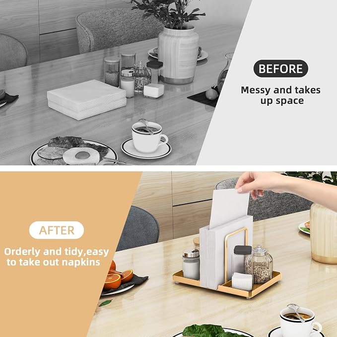 Gold Napkin Holder for Table with Salt and Pepper Shakers Caddy | Metal Napkin Holder, Standing Paper Napkin Storage for Kitchen Dining Table Decor