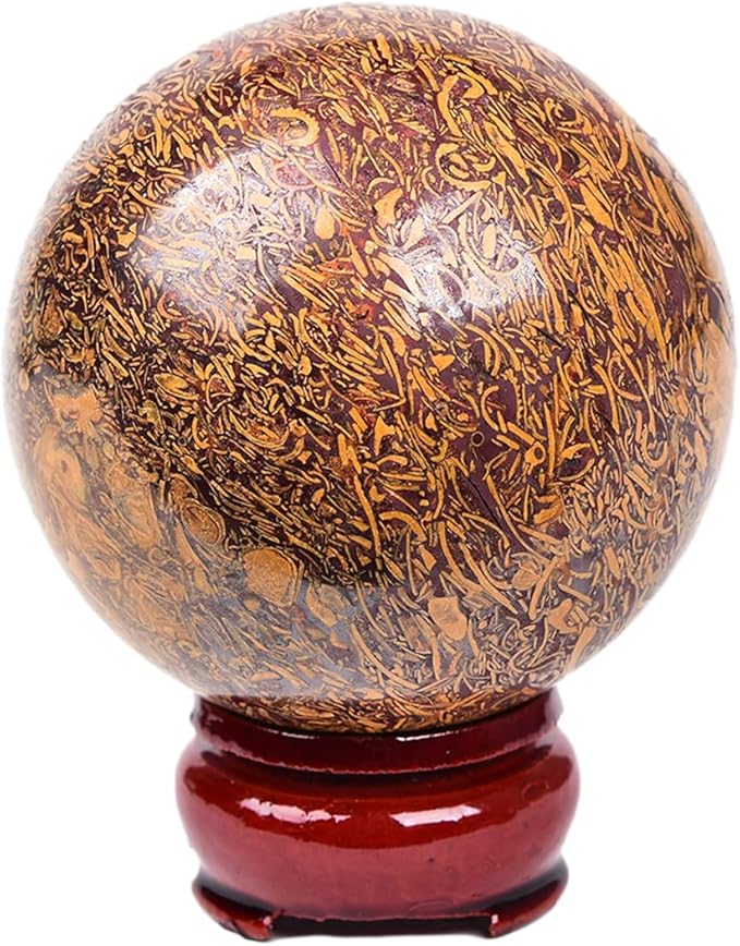 JIC Gem Reiki Healing Crystals Sphere Ball Natural Golden Silk Jade Gemstone with Decorative Stand Home Decoration (50-60mm)