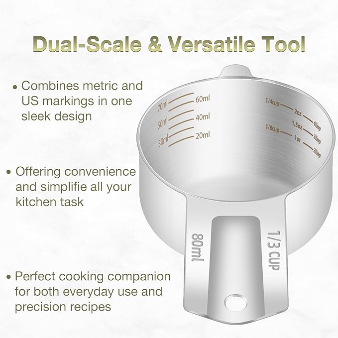 2PCS 1/3Cup (80ml, 2.6oz) Single Measuring Cup, Etched Inner Scale Stainless Steel Measure Scoop, Metric and US Measurement, Dishwasher Safe