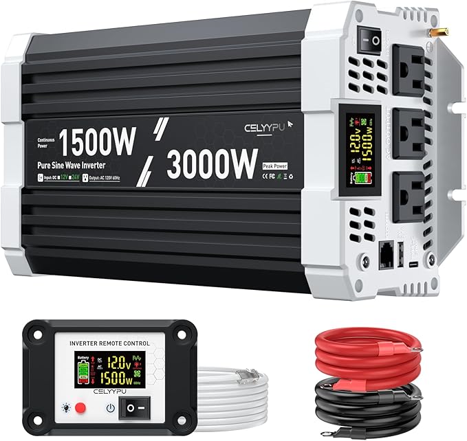 1500 watt Pure sine Wave Inverter, 12V DC to 110V AC Power Inverter, Used for Solar Emergency Power Supply in RV Homes, with 3 AC Output sockets, USB Port, Type-C Port, Remote Control with LCD Screen