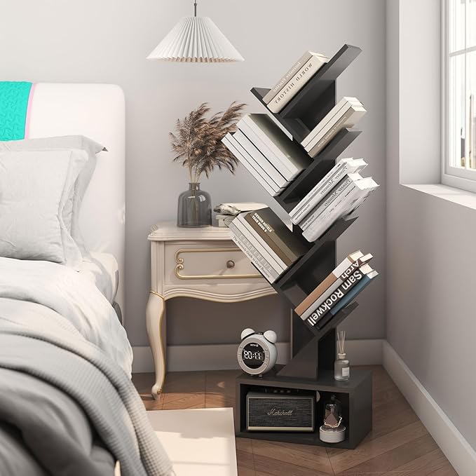 YMYNY 6 Tier Tree Bookshelf, Tall Bookcase, Wood Book Storage Rack with Drawer, Modern Floor Standing Book Shelf for Books/Movies/CDs, Utility Organizer for Living Room, Home Office, Black UHBC016B