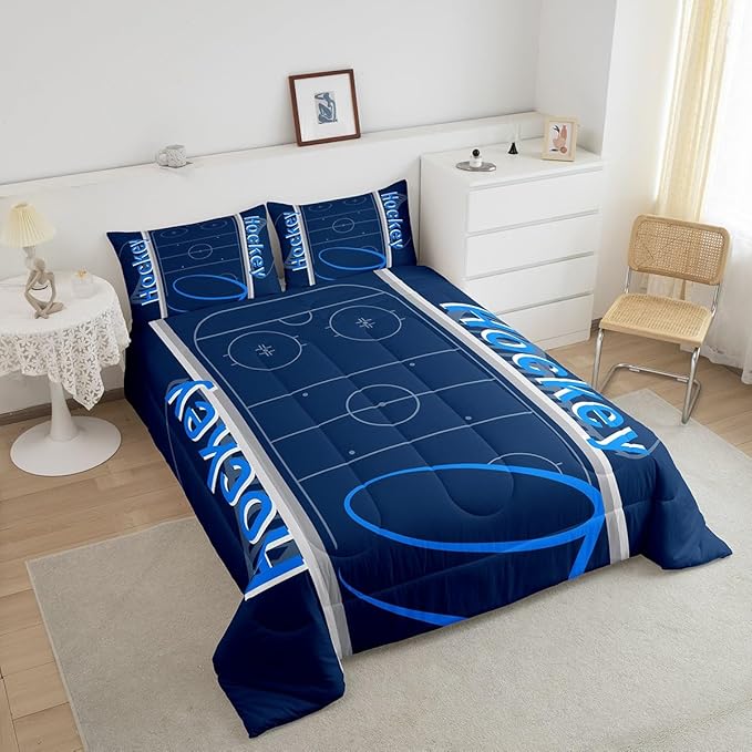 Feelyou Kids Hockey Player Comforter Set Queen Size Ice Hockey Bedding Set for Boys Girls Teens Bedroom Decor Ice Sports Games Comforter Puck Hockey Duvet Set with 2 Pillow Case