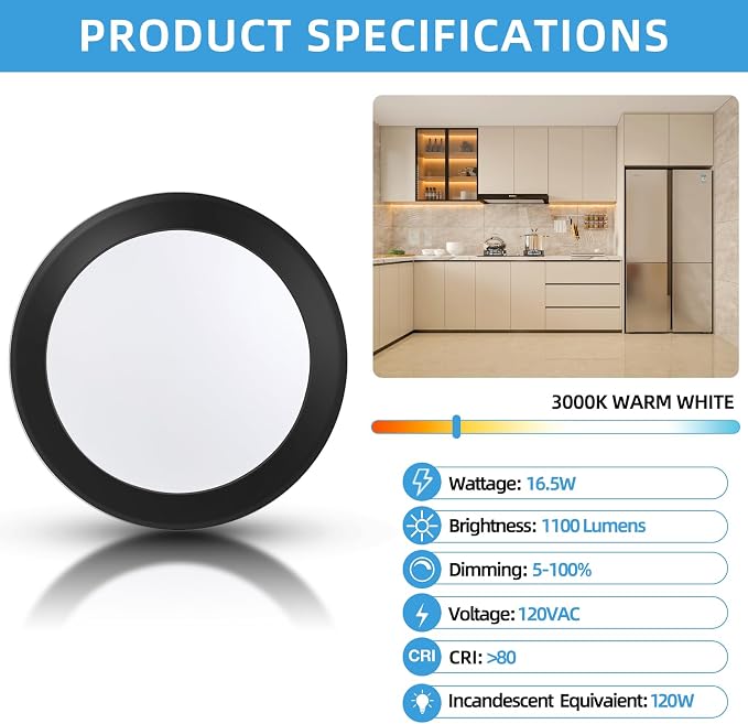 ECOELER 5/6 Inch Dimmable LED Disk Lights, 16.5W Black Surface Mount Ceiling Downlight, 1100lm 3000K Warm White, Low Profile Flush Mount Ceiling Lights for J-Box or Recessed Can, ETL-Listed