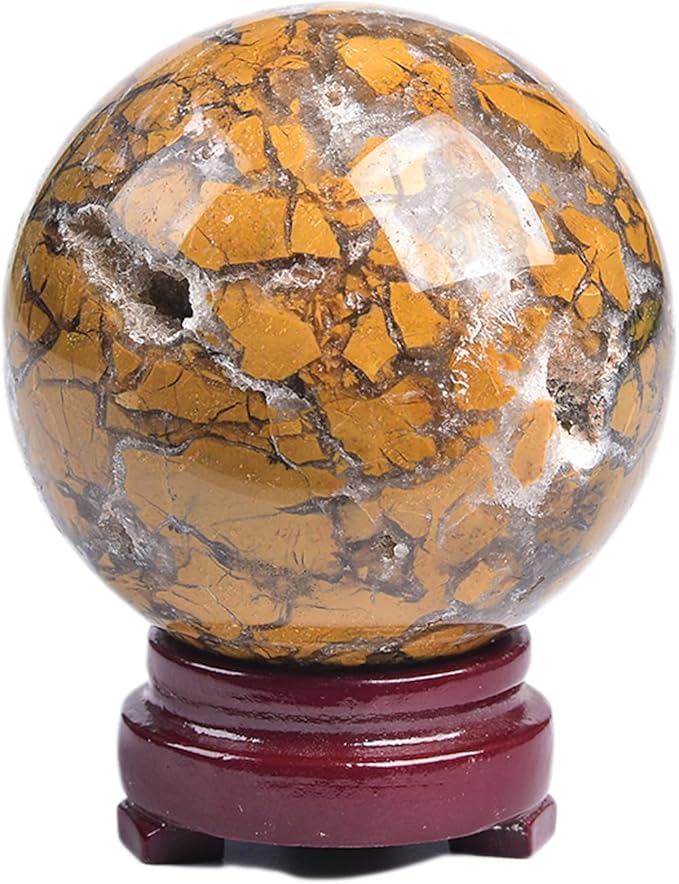 JIC Gem Natural Healing Crystal Sphere Ball Yellow Agate Crystal Decorative Ball with Display Stand Chakra Meditation Fengshui (60-70mm)
