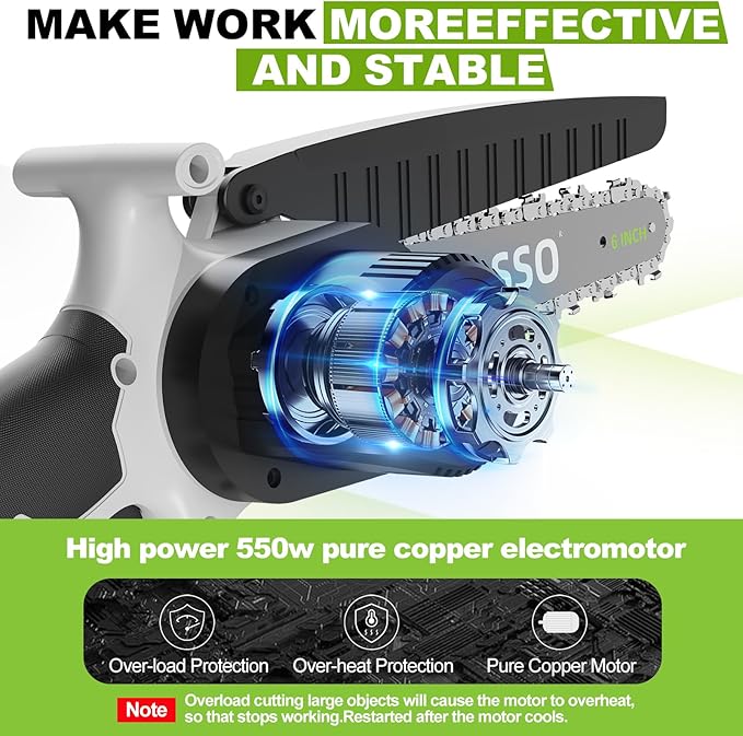 6Inch Mini Chainsaw Cordless - Electric Chainsaw with Strong Motor & 2×2.0Ah Battery, 2 Chains Included for Tree Trimming, Branches Cutting, Lightweight Handheld Chain saw for Garden/Yard Maintenance
