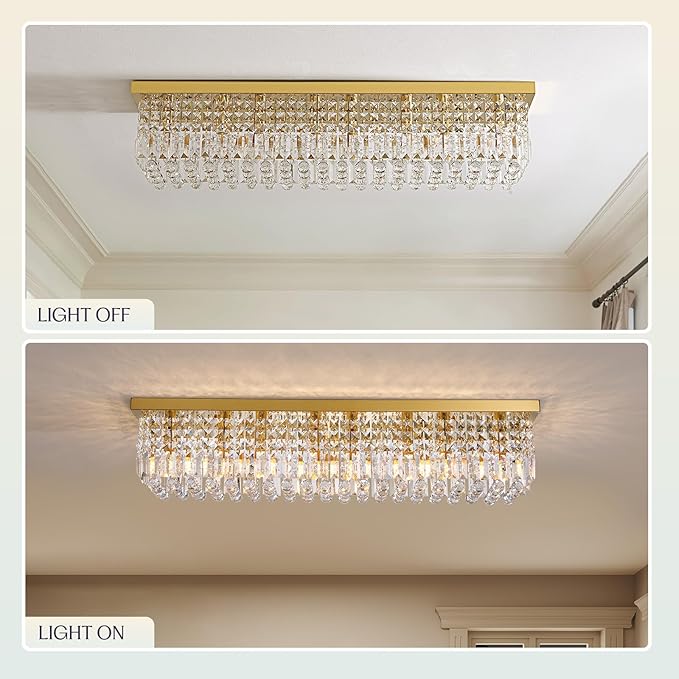 Rectangle Chandelier 8-Light Crystal Chandeliers, Modern Dining Room Light Fixture Luxury Gold Rectangular Flush Mount Chandelier Ceiling Light for Dining Room Living Room Kitchen Island Bar L40 Inch