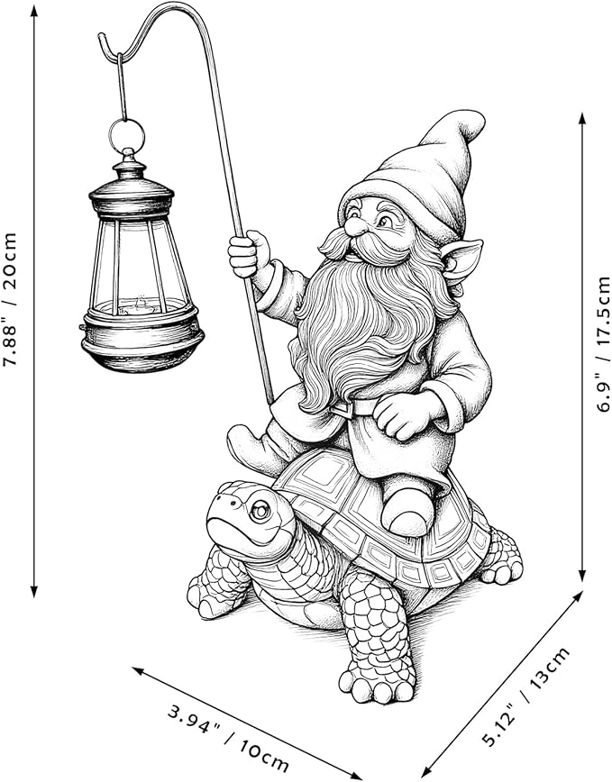 Garden Gnome Statue Riding Turtle - Garden Gnomes Decorations with Solar LED Lights, 7.9" Outdoor Resin Figurine Ornament for Patio, Yard, Funny Lawn Decor (Gray)
