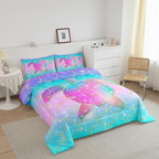Erosebridal Mermaid Scales Comforter Set for Girls, Tortoise Reptile Bedding Set Queen Size, Sea Turtle Ocean Life Duvet Sets for Kids Children Boys Women, Sweet Girly Down Comforter, Teal Blue