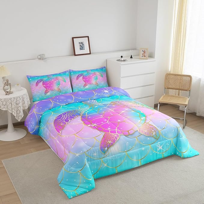 Erosebridal Mermaid Scales Comforter Set for Girls, Tortoise Reptile Bedding Set Queen Size, Sea Turtle Ocean Life Duvet Sets for Kids Children Boys Women, Sweet Girly Down Comforter, Teal Blue