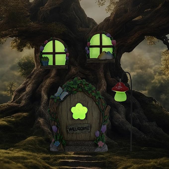 Fairy Door and Windows Garden Kit Accessories Outdoor, Glow in Dark Gnome House for Tree, Lawn Yard Art Sculpture, Miniature Garden Decor (Butterfly)