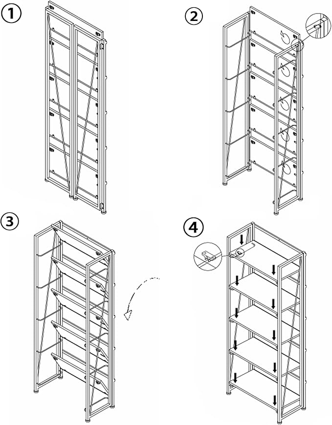 No-Assembly Folding Bookshelf Storage Shelves 5 Tiers Vintage Multifunctional Plant Flower Stand Storage Rack Shelves Bookcase for Home Office(Firestone and Black)