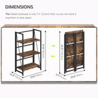 4NM No-Assembly Folding Bookshelf Storage Shelves 3 Tiers Vintage Bookcase Standing Racks Study Organizer Home Office (Rustic Brown and Black)