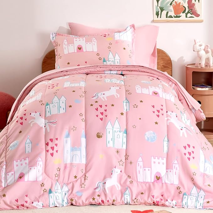 SLEEP ZONE Kids Twin Bedding Comforter Set - Super Cute & Soft Kids Bedding 5 Pieces Set with Comforter, Sheet, Pillowcase & Sham (Unicorn Castle)
