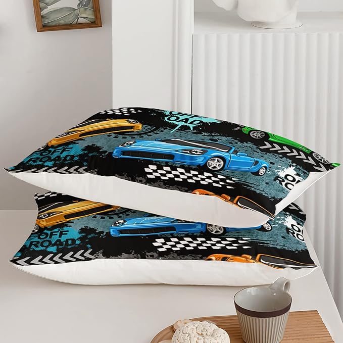 Axolotl Car Comforter Set Queen Size,Cool Speed Race Car Comforter for Kids Boys Girls Teens Bedroom,Extreme Sport Quilt Duvet 1 Comforter 2 Pillowcase Car Racing Gifts,Blue Red Orange