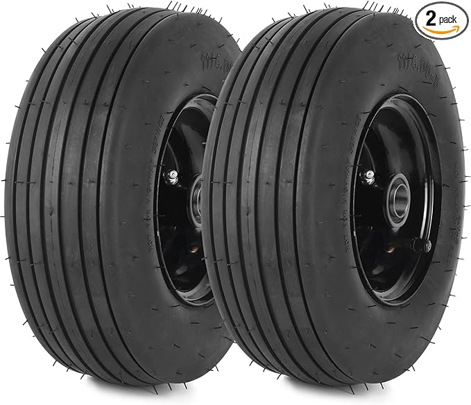 AR-PRO (2-Pack) 11x4.00-5 Tire and Wheel Assembly, 11x4-5 Lawnmower Tire (4-Ply) and Rim with Tube, 3.4” Centered Hub with 3/4” Bearings, Universal Lawn Mower/Yard Tractor Turf Tires