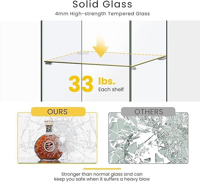 VIVOHOME 3 Layers 16''W x 16''D x 34''H Display Cabinet Showcase Countertop with Lock, 4mm Tempered Glass 25mm MDF Base