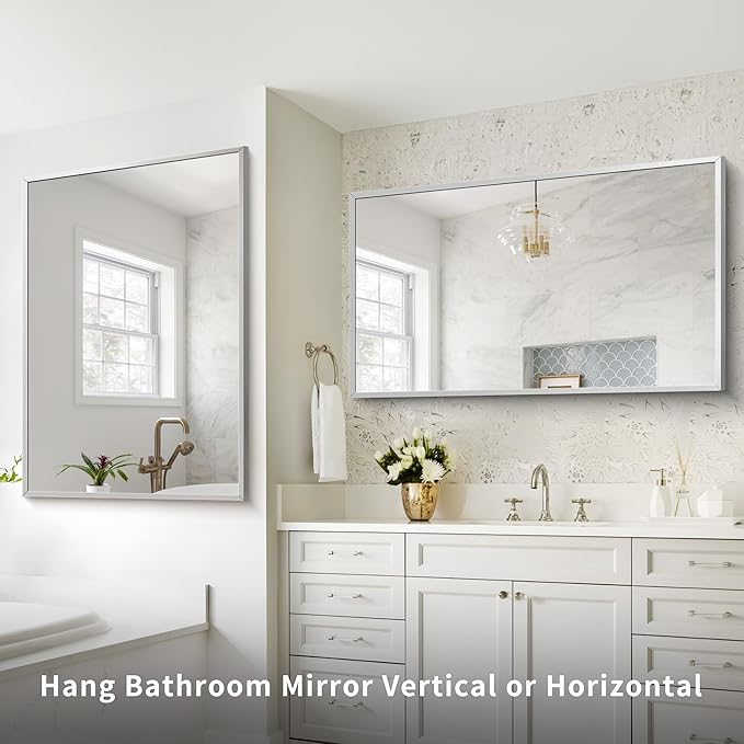 Silver Bathroom Mirror for Wall, 30x48 Inch Rectangle Mirrors with Metal Frame, Modern Vanity Wall Mirror Decor for Bathroom Living Room, Entryway Hangs Horizontal or Vertical