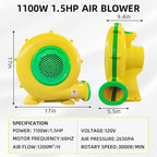 1100Watt/1.5HP High Power Air Blower for Large Inflatables, GONFLABLE Inflatable Bounce House Blower, Portable Fan Pump Blower Corded Commercial for Bouncy Castle, Jumper, Water Slide