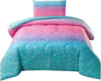 JQinHome Twin Glitter Comforter Sets for Girls, 3D Colorful Duvet Pink Rainbow Themed Bedding, All-Season Reversible Quilted Duvet, for Girls Teen Women - includes 1 Comforter, 1 Pillowcase