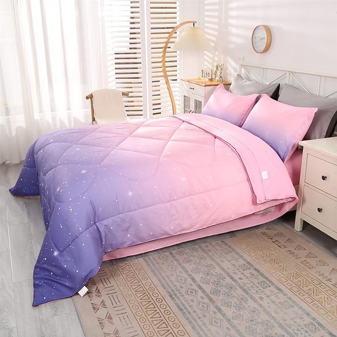 Wowelife Glitter Teen Bedding Sets for Girls Gradient Full Size 5 Pieces Comforter Set Pink Purple Kids Comforter Sets Lightweight with Comforter, Flat Sheet, Fitted Sheet and 2 Pillowcases
