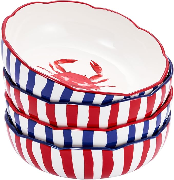 Bico Ocean Wonders Scalloped Pasta Bowls, 36oz Salad Bowl Set of 4, Large Ceramic Serving Dinner Bowls for Soup and Cereal, Microwave and Dishwasher Safe, Gift for Housewarming and Holiday