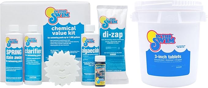 In The Swim Basic Chemical Value Kit and Chlorine Bundle - Pre-Measured Kit for Seasonal Maintenance - 10lb Bucket 3-Inch Chlorine Tablets - Inground and Above Ground Pools Up to 7.5K Gallons