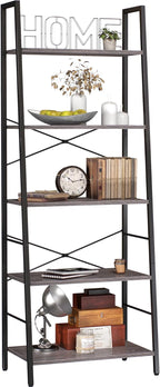 Yusong Bookshelf, Ladder Shelf 5-Tier Bookcase for Bedroom, Industrial Book Shelves Storage Rack with Metal Frame for Home Office, Gray