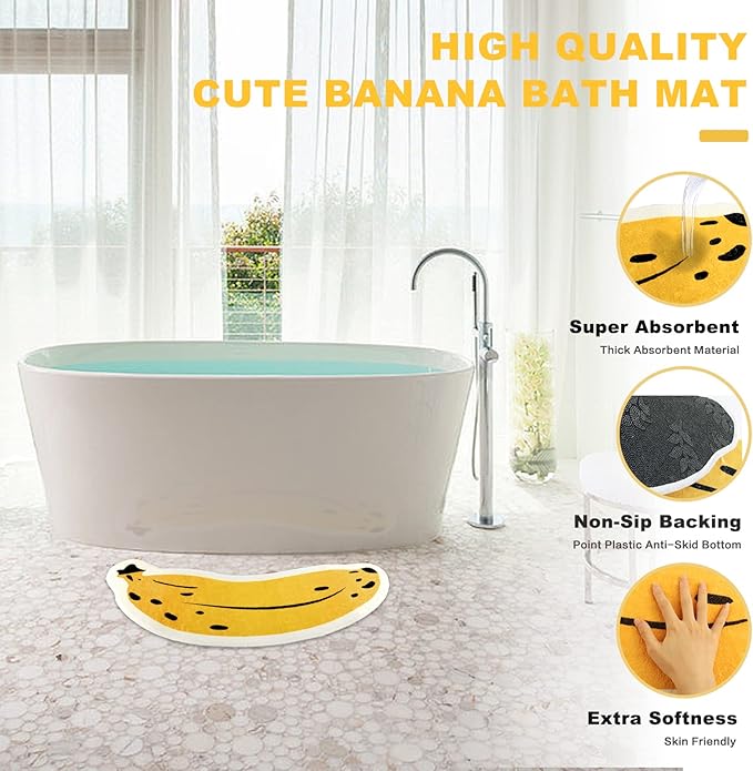 Banana Bath Rugs for Bathroom Non Slip Super Absorbent Bath Mat for Floor Bathmats Washable Yellow Cartoon Bathrugs Carpet Soft Shower Tub Rugs Thick Kitchen Doormat Home Decor 17.7x39.4inch/45x100cm