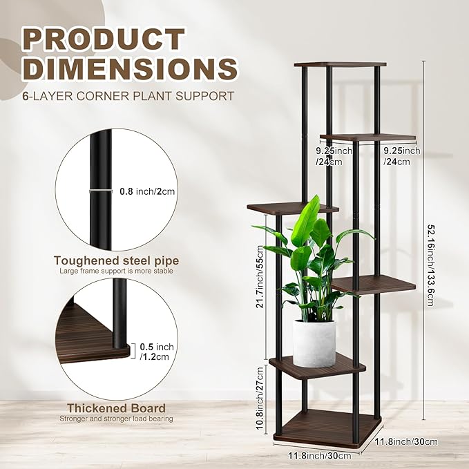 6 Tier Wood Tall Plant Stand Metal Rack Indoor, Multiple Flower Pot Holder Shelves Corner Rack, Planter Shelf Display Rack Storage Organizer for Patio Living Room Balcony Garden(Black Oak)