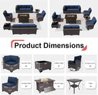 Patio Furniture Sectional Sofa Set 11PCS PE Rattan Swivel Rocking Chairs Patio Conversation Set w/43in Gas Fire Pit Table, Outdoor Furniture with 55000 BTU Propane Fire Pit, Navy Blue