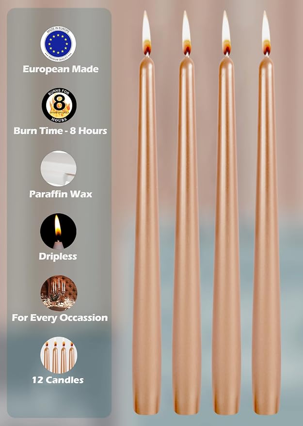 Hyoola 12 Pack Tall Metallic Taper Candles - 10 Inch Copper Metallic, Dripless, Unscented Dinner Candle - Paraffin Wax with Cotton Wicks