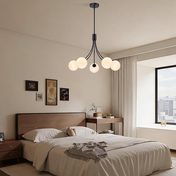 Bubble Chandelier, Modern Sputnik Dining Room 5-Light Chandelier with Black Finish and Glass Globes for Kitchen Bedroom Foyer and Living Room