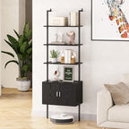 Gadroad Ladder Bookshef with Cabinet, Wall Mounted Bookcases, 5 Tier Tall Open Display Rack, 73" Metal Industrial Bookshelf, Storage Shelves for Livingroom, Home Office, Black
