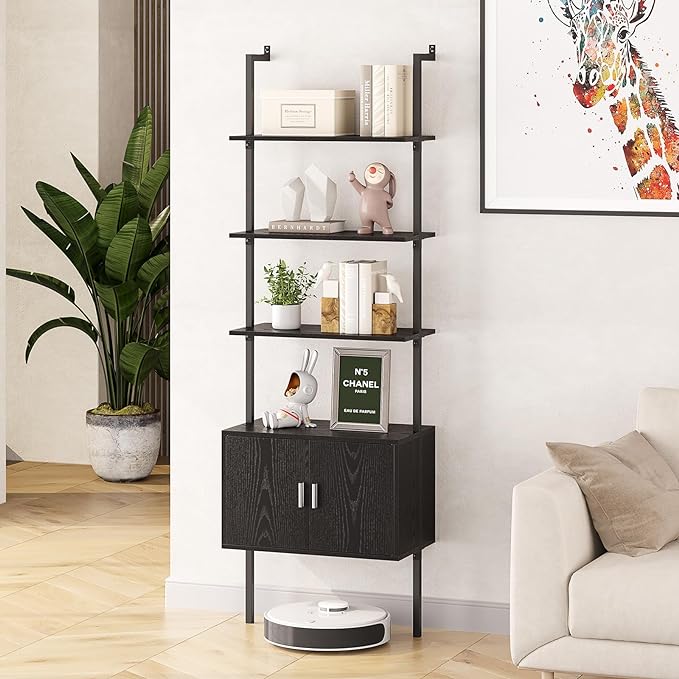 Gadroad Ladder Bookshef with Cabinet, Wall Mounted Bookcases, 5 Tier Tall Open Display Rack, 73" Metal Industrial Bookshelf, Storage Shelves for Livingroom, Home Office, Black