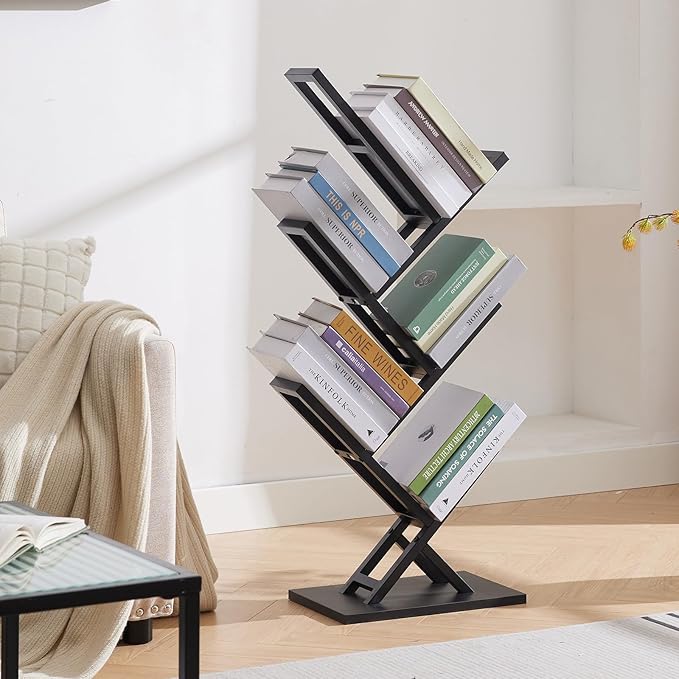 5 Tier Tree Bookshelf, Wisdom Tree Bookshelf, Modern Corner Book Shelfe, Small Bookshelf for Small Spaces, Utility Organizer for CDs/Books/Home Office/Living/Bedroom Room-Black