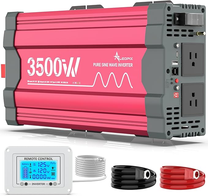 3500 Watt Pure Sine Wave Power Inverter 12V DC to 110V 120V Converter for Home, RV and Off-Grid Solar Systems with Type-C Port, 2 AC Outlets, Dual USB Ports, Remote Control with LCD Screen