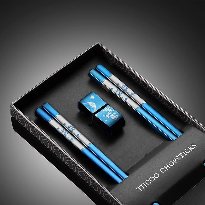Metal Chopsticks Reusable 2 Pairs Titanium Plated 18/8 Stainless Steel Chopsticks with Holder, Dishwasher Safe Non-Slip Japanese Style Laser Engraved Chop Sticks Gift Set (Blue)