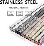 Metal Chopsticks Reusable Titanium Plated Stainless Steel Japanese Korean for Food & Cooking 9.5Inch Non-Slip for Beginners Square Laser 5 Pairs Gift Set