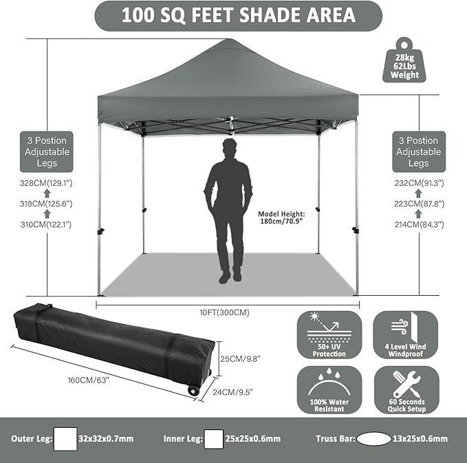 COBIZI 10x10 Pop up Canopy Tent with 4 Sidewalls, Waterproof Heavy Duty Commercial Canopy for Parties, Outdoor Tent, Garden Gazebo, Carry Bag with Wheel (10x10ft, Gray)