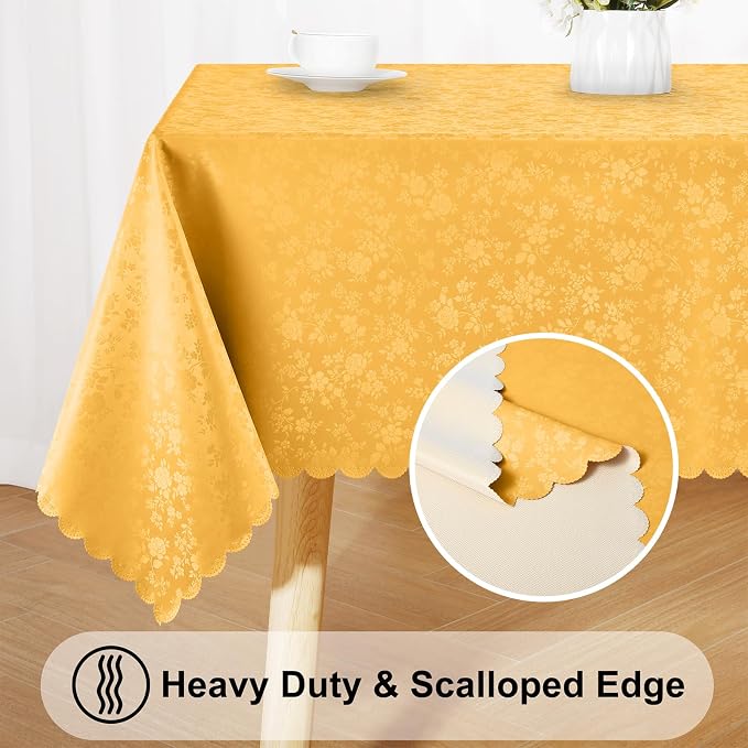 Smiry Rectangle Waterproof Heavy Duty Vinyl Tablecloths, 60 x 102 Inch | Wipeable Washable Floral Embossed Table Cover for Kitchen and Dining Room, Indoor & Outdoor Use, Mustard Yellow