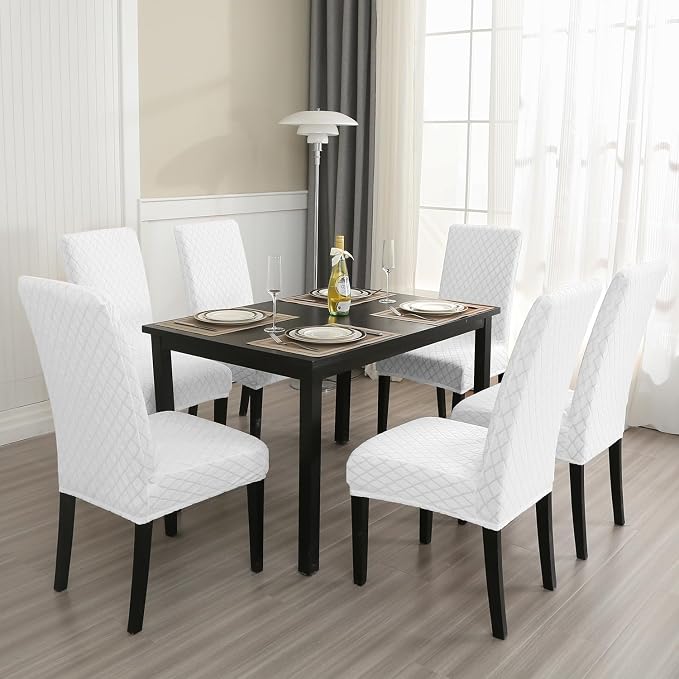 MOSAYT 100% Waterproof Dining Room Chair Covers Set of 6, Super Fit Stretch Jacquard Parson Chairs Slipcovers Removable Washable Chair Seat Protectors for Home, Kitchen, Banquet (White)
