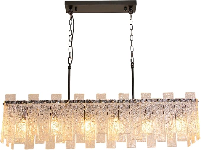 Modern Rectangle Black Crystal Chandeliers for Dining Room, L39" Large Rectangular Water Ripple Glass Island Light Fixture, 6-Lights Hanging Pendant Light for Kitchen Island, Living Room