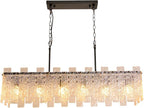 Modern Rectangle Black Crystal Chandeliers for Dining Room, L39" Large Rectangular Water Ripple Glass Island Light Fixture, 6-Lights Hanging Pendant Light for Kitchen Island, Living Room