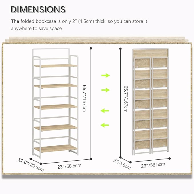 4NM No-Assembly 5 Tiers Folding Bookshelf Storage Shelves Vintage Bookcase Standing Racks Study Organizer Home Office (Natural and White)