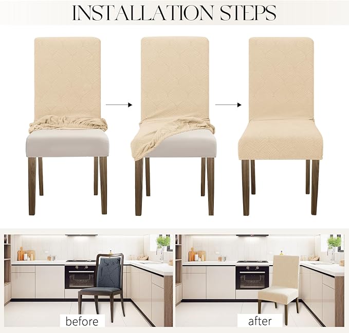 MOSAYT 100% Waterproof Dining Room Chair Covers Set of 4, Super Fit Stretch Jacquard Parson Chairs Slipcovers Removable Washable Chair Seat Protectors for Home, Kitchen, Banquet (Beige)