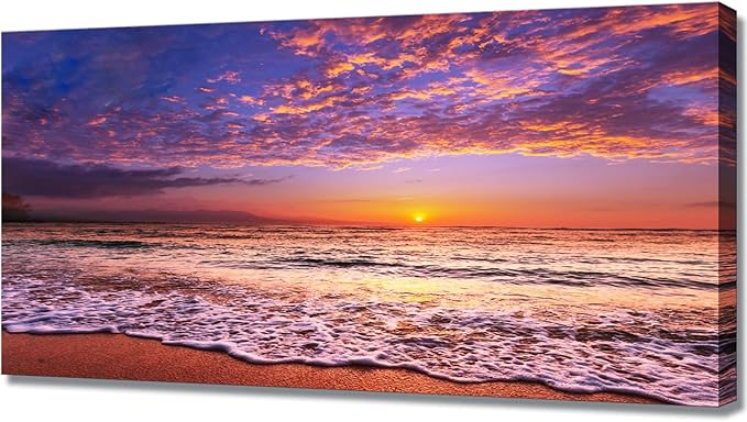 Beach Wall Art Sunset Canvas Pictures, Seascape Theme Art Wall Pictures, Coastal Ocean Wave Paintings,Modern Cloud Artwork for Bedroom Living Room Bathroom Home Office Decorations 20X40 Inches