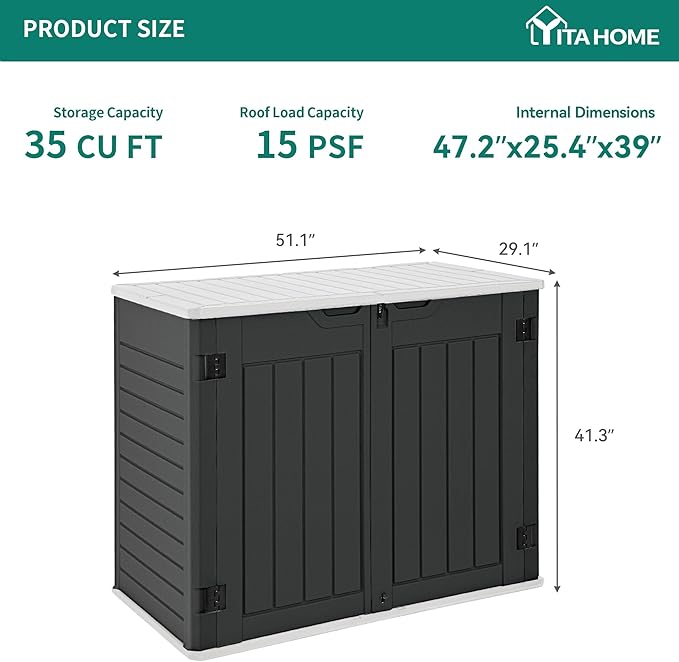YITAHOME Outdoor Resin Storage Sheds, 39 in Height Lockable Waterproof Horizontal Shed w/o Shelf, Easy to Assemble Shed Storage for Garden Tools, Dark Gray