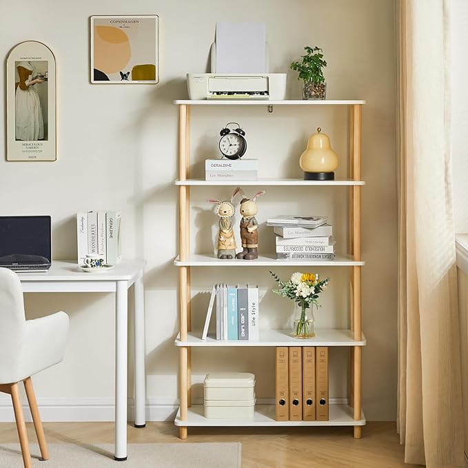IBUYKE 5-Tier Wooden Open Bookcase - Modern Freestanding Bookshelf Storage Organizer,Standing Shelf Units,Multifunctional Display Stand for Bedroom, Living Room & Home Office,White WBC005W