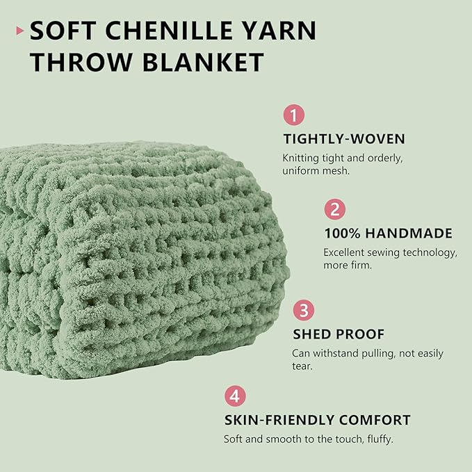 L'AGRATY Chunky Knit Blanket Throw: 80''x90'' Chenille Chunky Knitted Throw Blanket for Bed Couch - Handmade Thick Big Cable Knit Blanket - Large Chunky Crochet Blanket for Home Decor(Sage Green)