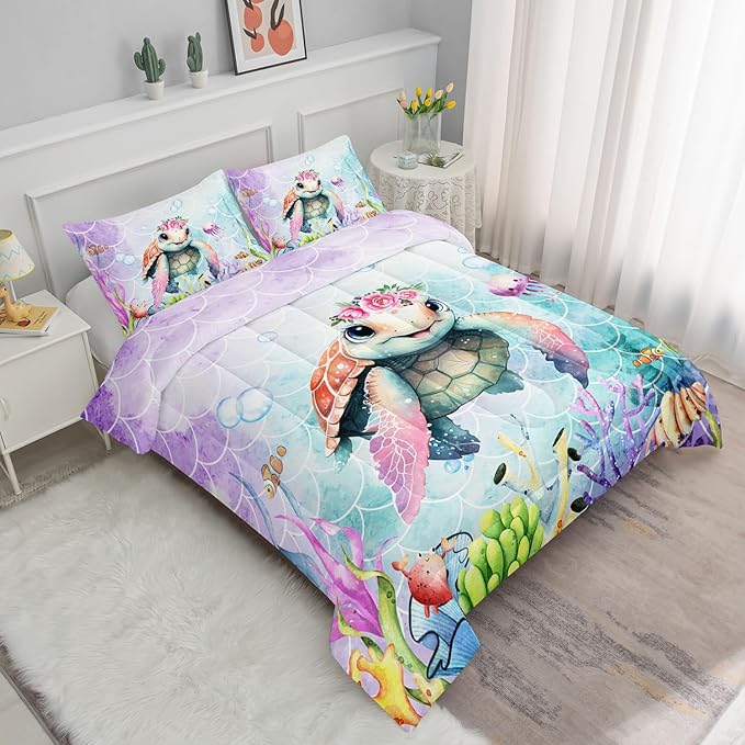 Datura home Kids Comforter Set Mermaid Scale Turtle Printed Pattern Bedding Set with 1 Comforter and 2 Pillowcases for Girls Boys Bedroom All Season(Turtle Queen)